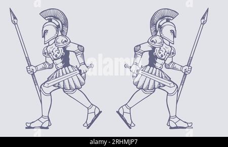 Illustrazione vettoriale dello scudo Phalanx difensivo in bianco e nero - equipaggiamento da soldato greco antico Illustrazione Vettoriale