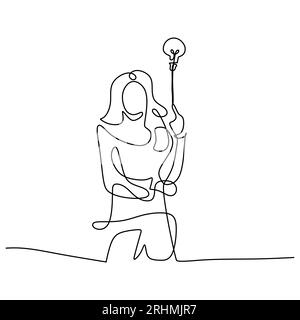 Ragazza in piedi con lampadina a una linea. Idea e concetto di soluzione creativa, illustrazione vettoriale minimalista. Illustrazione Vettoriale