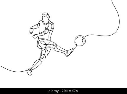 Giocatore di calcio, disegno continuo a una linea di calcio di uno sportivo che calci una palla. Illustrazione Vettoriale