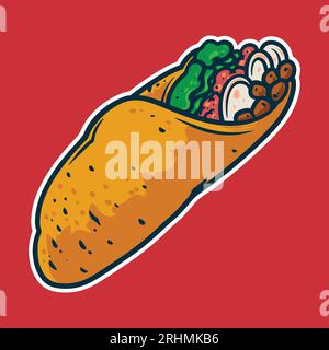 Burrito - illustrazione vettoriale colorata in stile cartone animato. Concetto di icona del cibo messicano isolato. Illustrazione Vettoriale