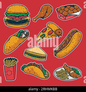 fast food coloratissimo doodle disegnato a mano, hamburger da disegno, patatine fritte, taco, burrito, illustrazione vettore hot dog e pizza sanwich. Illustrazione Vettoriale