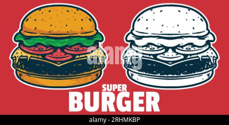 Burger - illustrazione vettoriale di disegno, colori in bianco e nero, semplice doodle disegnato a mano Illustrazione Vettoriale