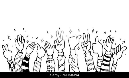 alzare le mani, applaudire. applausi, pollice su e gesto di pace sullo stile disegnato a mano del doodle , illustrazione vettoriale, cartone animato bianco e nero Illustrazione Vettoriale
