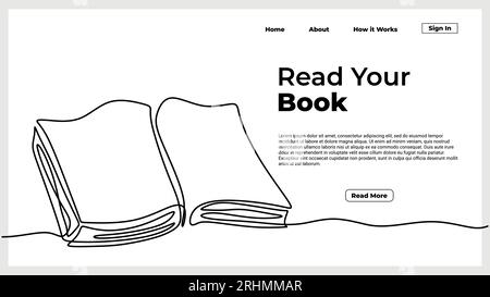 Libro aperto con disegni a linee continue e pagine volanti. materiale didattico illustrativo per il tema back to school per il sito web della landing page. Prenota un disegno a una linea Illustrazione Vettoriale