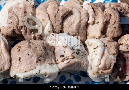 spiedini di carne di maiale marinata pronti per la cottura alla griglia Foto Stock