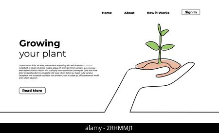 Impianto in crescita, disegno continuo a una linea. Modello di pagina di destinazione degli impianti di apporto manuale. Sprout Grow simbolo di protezione dell'ambiente. Illustrazione Vettoriale