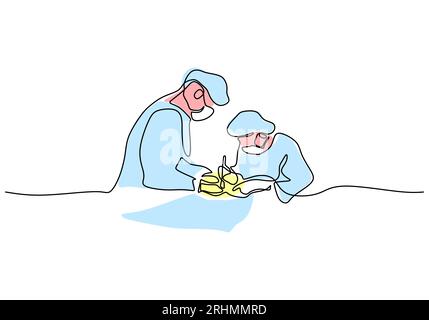 Un disegno continuo a linea singola del medico e dell'infermiere eseguono un intervento chirurgico isolato su sfondo bianco. Illustrazione Vettoriale