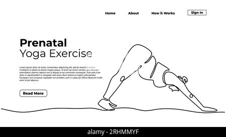 Esercizio di yoga prenatale, donna che fa posa sana durante la gravidanza. Disegno continuo a una linea minimalista, modello di landing page Web Concept, vecto Illustrazione Vettoriale