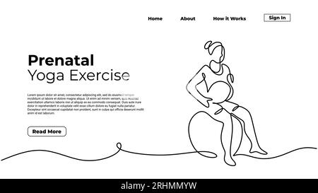 Esercizio di yoga prenatale, donna che fa posa sana durante la gravidanza. Disegno continuo a una linea minimalista, modello di landing page Web Concept, vecto Illustrazione Vettoriale