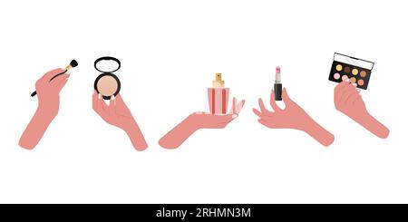 Collezione di mani femminili che trattengono diversi prodotti cosmetici. Set di prodotti cosmetici come polvere, panna, strumenti per il trucco, rossetto, spazzola, foundati Illustrazione Vettoriale