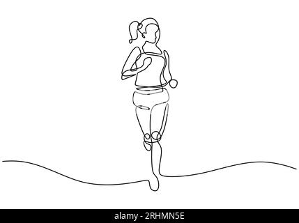 Corsa maratona, disegno continuo a una linea. La donna corre con il tema dello sport. Illustrazione Vettoriale