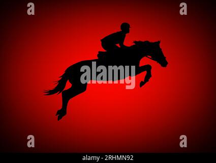 Grafica grafica grafica silhouette salto cavallo con sfondo sfumato rosso illustrazione vettoriale Illustrazione Vettoriale