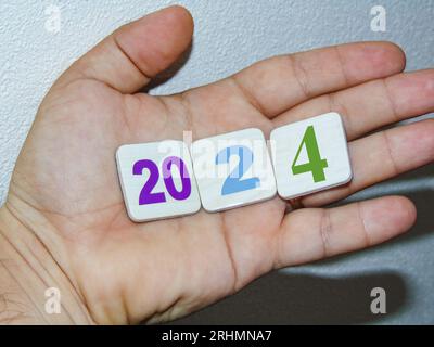 L'anno 2024 sta per arrivare. Una persona tiene numeri che formano l'anno 2024 nel suo palmo Foto Stock