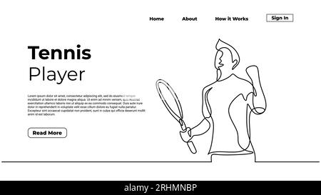 Giocatore di tennis con linea continua, disegno semplice a mano. Concetto di landing page Web, modello di illustrazione vettoriale. Illustrazione Vettoriale