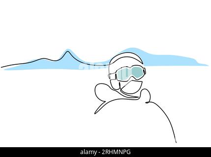 Uomo che indossa occhiali da sci disegno a una linea: Continuo disegnato a mano Sport Illustrazione Vettoriale
