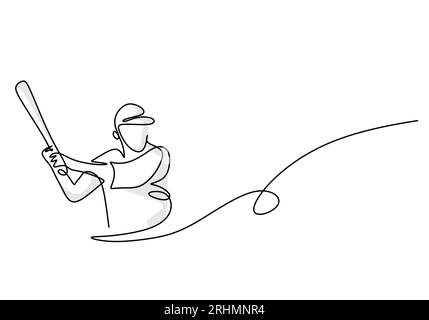 Giocatore di baseball semplice One Line Art, illustrazione sportiva della persona che gioca a baseball Illustrazione Vettoriale