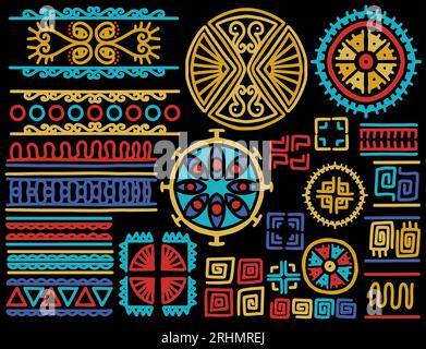 Set di bordo di linee tribali etniche disegnate a mano ed elemento di design hipster Scribble. Pennelli nativi. Fantasia vintage colorata geometrica Aztec per Illustrazione Vettoriale