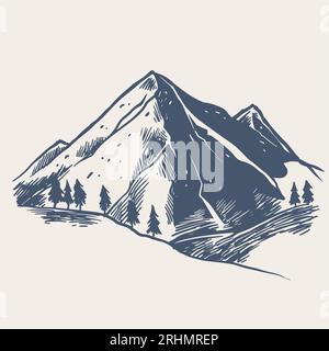 Disegnata a mano da una montagna con pini e paesaggi neri su sfondo bianco. Picco roccioso disegnato a mano in stile schizzo. Illustrazione Vettoriale