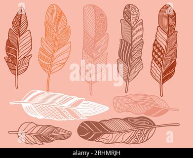 Set di piume bohémien, tribali, etniche disegnate a mano. Piume decorative rustiche. Set di design vettoriale vintage. Illustrazione Vettoriale