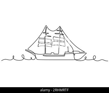 Una singola linea continua di barca a vela classica. Trasporto classico isolato su sfondo bianco. Illustrazione Vettoriale