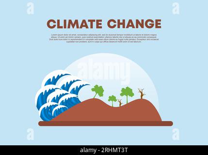 Cambiamento climatico e salvataggio del pianeta sfondo del poster. Giornata mondiale dell'ambiente, biotecnologia, una città sul pianeta. Illustrazione Vettoriale