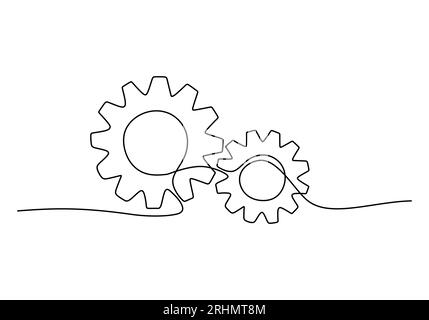 Una singola riga continua di due ingranaggi simbolo del lavoro di squadra isolato su sfondo bianco. Illustrazione Vettoriale