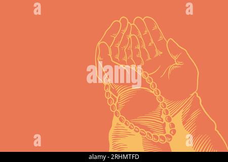 Disegno a mano di preghiera a mano isolato su sfondo arancione per tema religioso in stile colorato. Illustrazione Vettoriale