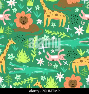 Modello senza cuciture di leone, coccodrillo, giraffa e zebra simpatico animale in stile infantile isolato su sfondo verde. Illustrazione Vettoriale