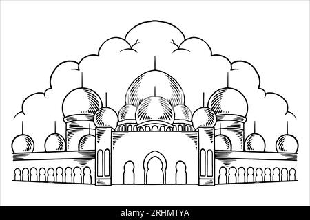 Disegnato a mano o schizzo di una grande moschea come elemento ornamentale islamico per il ramadan isolato su sfondo bianco in stile bianco nero. Illustrazione Vettoriale