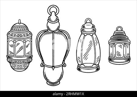 Schizzo disegnato a mano di lanterne come elemento ornamentale islamico in stile monocromatico bianco e nero. Illustrazione Vettoriale
