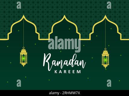 Poster di sfondo Ramadan kareem saluto islamico con lanterna verde e ornamento islamico. Illustrazione Vettoriale