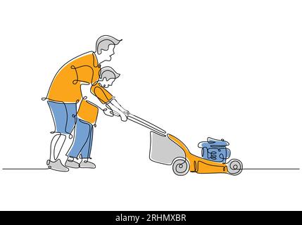 Un disegno continuo a linea singola che un padre insegna al figlio a fare giardinaggio nel giardino di casa. Illustrazione vettoriale. Una linea isolata disegnata a mano su uno sfondo bianco Illustrazione Vettoriale