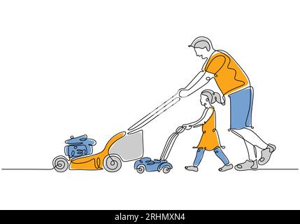 Un disegno a linea singola del giovane papà e sua figlia fanno giardinaggio insieme. Illustrazione vettoriale. Disegnare a mano una linea isolata su uno sfondo bianco su Illustrazione Vettoriale