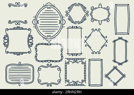 Quindici set decorativi per cornici disegnati a mano. collezione di cornici disegnate a mano isolate su sfondo bianco, set di disegni neri, dra minimale a mano libera Illustrazione Vettoriale