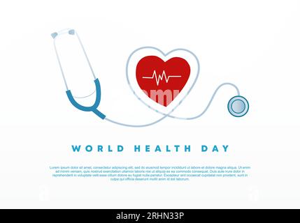 Poster di sfondo della giornata mondiale della salute con battito cardiaco e stetoscopio su sfondo bianco. Illustrazione Vettoriale
