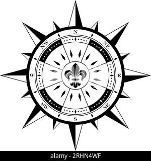 Bussola vettore rosa con otto direzioni del vento. Rosa del vento con simbolo di giglio al centro. Simbolo di navigazione marina, nautica o trekking. Illustrazione Vettoriale