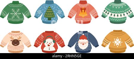 Brutta festa in maglione. Allegri collezione natalizia con maglioni divertenti. Set grandioso con pullover natalizio disegnato a mano: Renne, pupazzo di neve e Babbo Natale Illustrazione Vettoriale
