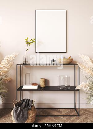 Corridoio interno Japandi boho beige con consolle nera e sfondo verde vegetale. Soggiorno australiano moderno e leggero con cestino in vimini. rendering 3d. Foto Stock