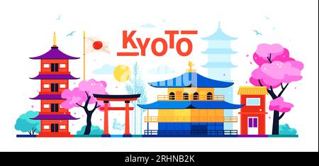 Edifici a Kyoto - moderna illustrazione vettoriale colorata con porta torii, tempio tradizionale giapponese, fiori di ciliegio e bandiera nazionale. Mirino, histo Illustrazione Vettoriale