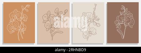 Set di stampa vettoriale per disegni Orchid Flower Line. Illustrazione Vettoriale