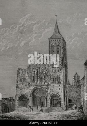 Francia. Facciata della chiesa di Santa Maria Maddalena a Vézelay, da cui Bernardo di Chiaravalle predicò per la seconda crociata (1147-1149) durante la settimana Santa 1146. Stato della chiesa al momento della predicazione. Ora Basilica di Vézelay o Basilica di Santa Maria Maddalena di Vézelay. Monastero benedettino. Incisione. "Vie Militaire et Religieuse au Moyen Age et à l'Epoque de la Renaissance". París, 1877. Foto Stock