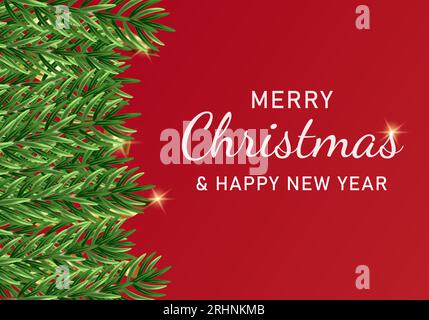 Banner natalizio. Sfondo con un aspetto realistico. Rami dell'albero di Natale decorati con bagliori e rami dell'albero di Natale. Vettore Illustrazione Vettoriale