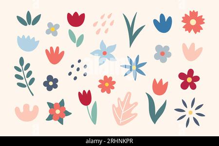 Fiori e foglie oggetti e forme. Semplice astratto disegnato a mano di varie forme e scarabocchi. Elementi moderni e alla moda contemporanei. Illustrazione botanica vettoriale. Illustrazione Vettoriale