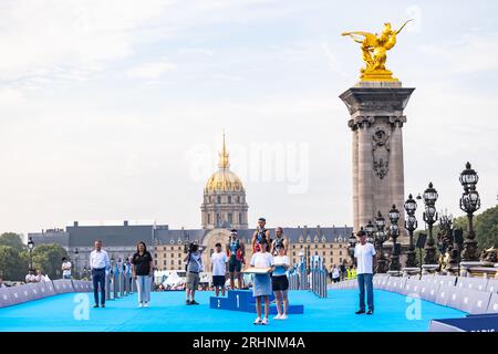 Parigi, Francia. 18 agosto 2023. 05 Alex Yee (GBR) 02 Vasco Vilaca (POR) 07 Dorian Coninx (fra) durante il World Triathlon Olympic & Paralympic Games test Event 2023, dal 17 al 20 agosto 2023 a Parigi, Francia - foto Germain Hazard/FFTRI/DPPI Credit: DPPI Media/Alamy Live News Foto Stock