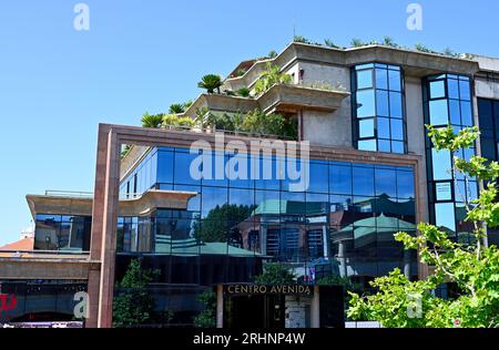 Edificio del centro città di Aveiro con tetto verde e riflessi del centro commerciale Finac nelle sue finestre Foto Stock