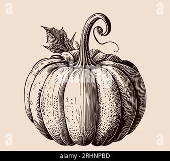 Illustrazione del giorno del Ringraziamento con schizzo retrò di zucca e verdure disegnate a mano Illustrazione Vettoriale