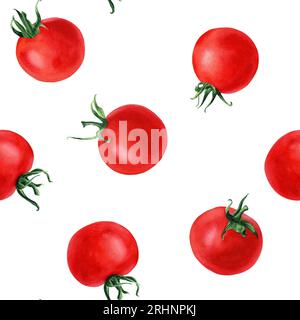 Motivo acquerello senza cuciture con pomodori ciliegini. Illustrazione disegnata a mano per il confezionamento, la carta da parati, il tessuto, il tessuto Foto Stock