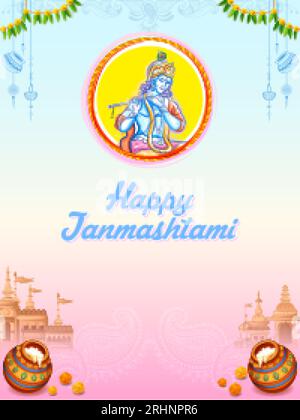 Illustrazione di Lord Krishna che suona il flauto nell'Happy Janmashtami Festival background of India Illustrazione Vettoriale