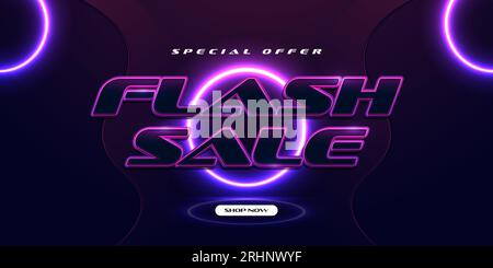 Design del modello banner di vendita flash con effetto neon luminoso per siti Web o social media. Illustrazione vettoriale di progettazione di poster promozionali Illustrazione Vettoriale