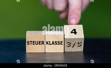 Simbolo per la modifica della classe fiscale 3/5 a 4 in Germania. Mano gira cubo e cambia l'espressione tedesca "Steuerklasse 3/5" (classe fiscale 3/5) in "Steue Foto Stock